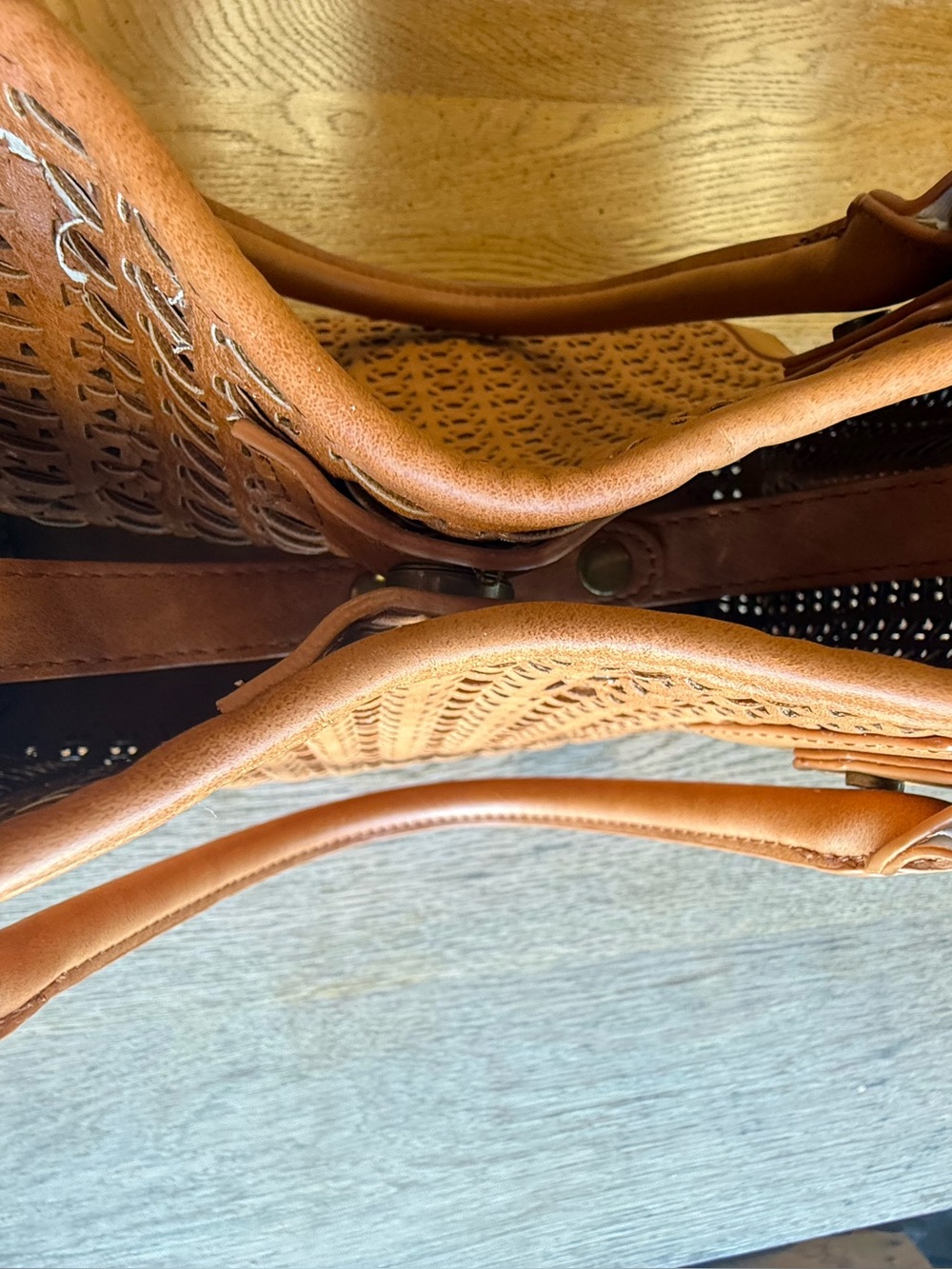 Steve Madden Laser Cut Tote Cognac Brown Faux Leather Tassel Shoulder Boho - Picture 7 of 13
